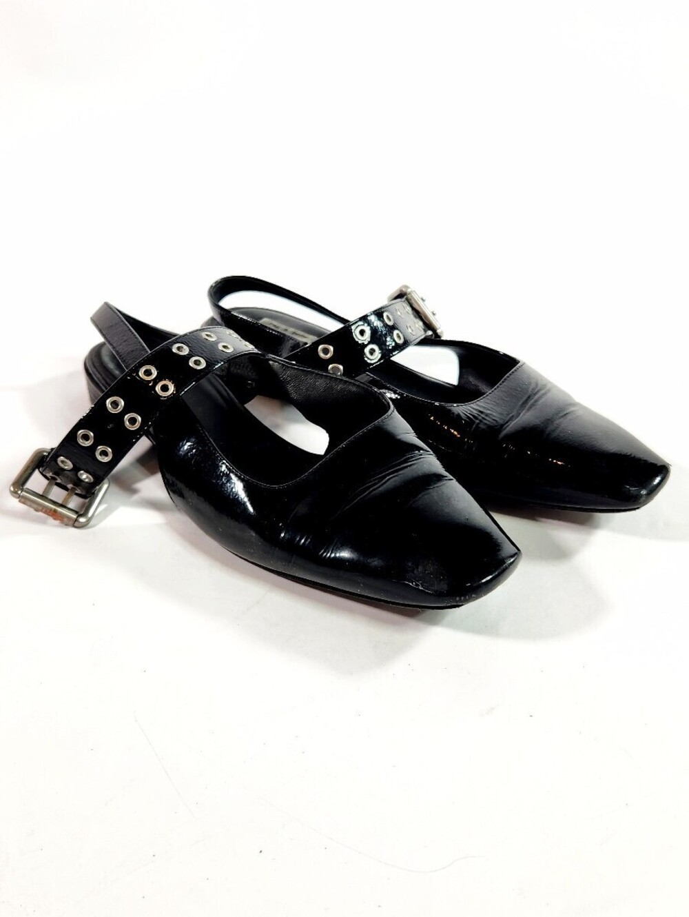 rag & bone Black Leather Slingback Flats with Studded Strap